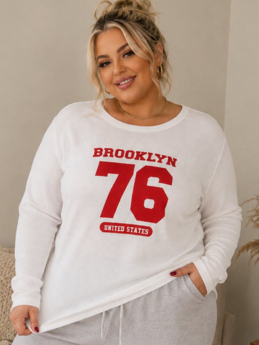 Active USA Brooklyn 76 Waffle Knit Long Sleeve Top Plus Size